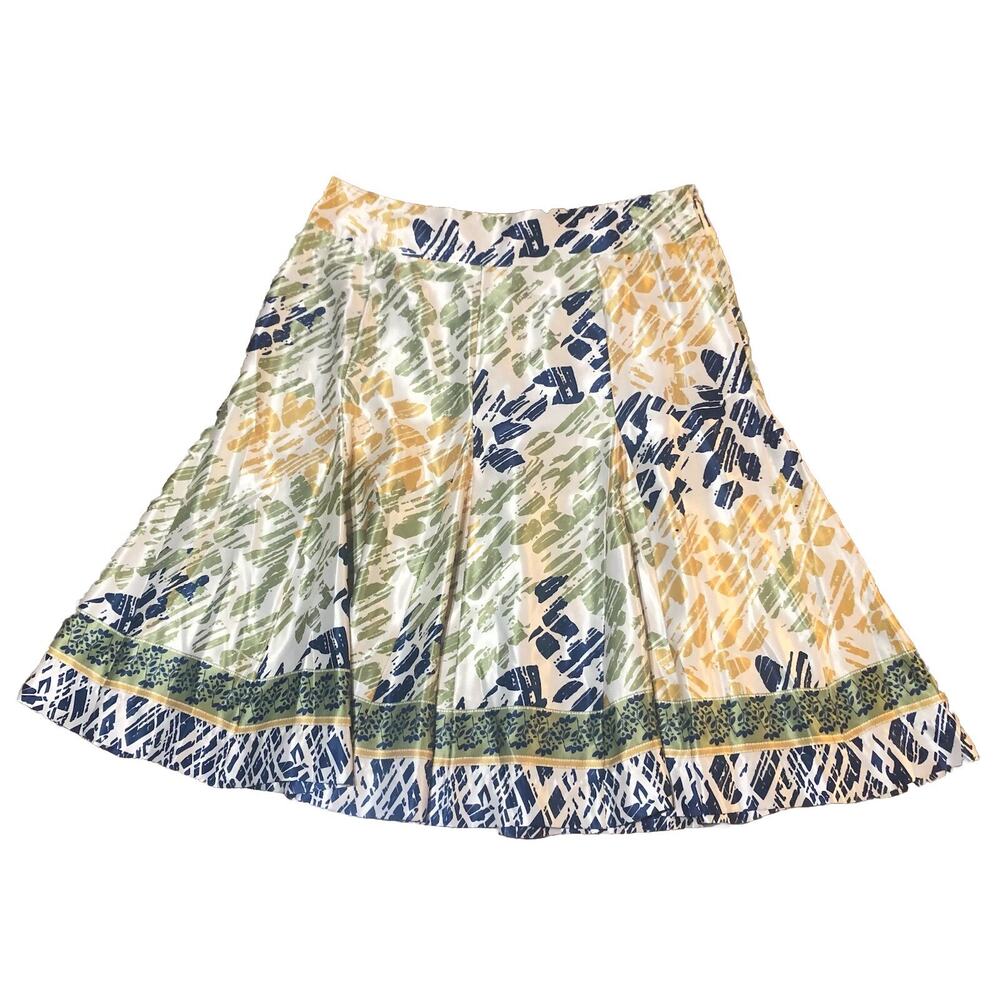 JohnPaulRichard Satin A Line Tulip Skirt in Green, Gold Navy Pattern Size Medium